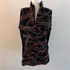 Coldwater Creek Vest Black With Multicolor Yarn Designs Size Medium Zip Front